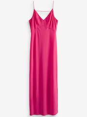 Pink Satin Slip V-Neck Sleeveless Midi Dress - Image 4 of 4