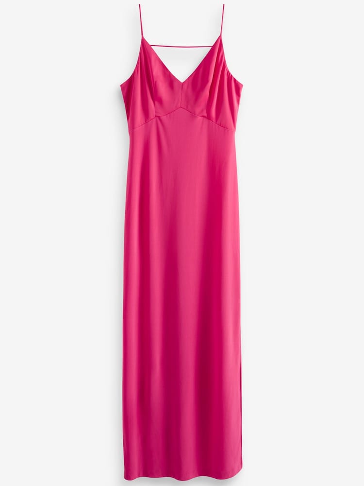 Pink Satin Slip V-Neck Sleeveless Midi Dress - Image 4 of 4