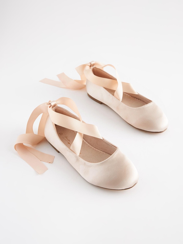 Nude Pink Satin (Stain Resistant) Ballet Tie Occasion Shoes - Image 1 of 5