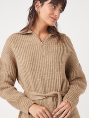 Brown Belted Zip Neck Knitted Tunic Jumper Dress - Image 3 of 4