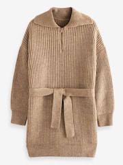 Brown Belted Zip Neck Knitted Tunic Jumper Dress - Image 4 of 4