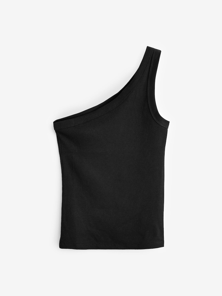Black One Shoulder Rib Vest Top - Image 1 of 5