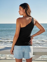Black One Shoulder Rib Vest Top - Image 4 of 5