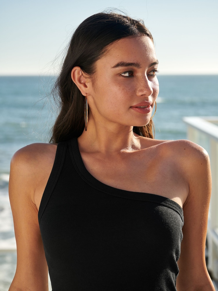 Black One Shoulder Rib Vest Top - Image 5 of 5