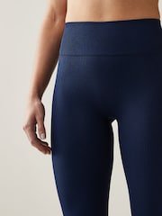 Navy Blue Ribbed Seamless High Waist Leggings - Image 3 of 4