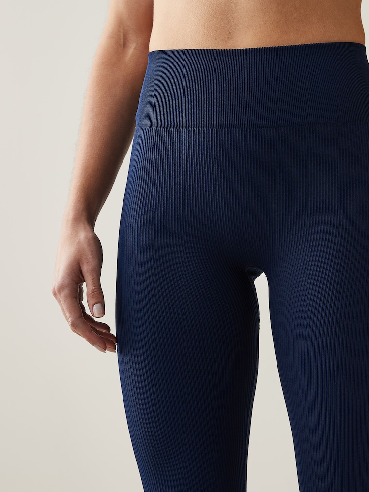 Navy Blue Ribbed Seamless High Waist Leggings - Image 3 of 4