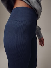 Navy Blue Ribbed Seamless High Waist Leggings - Image 4 of 4
