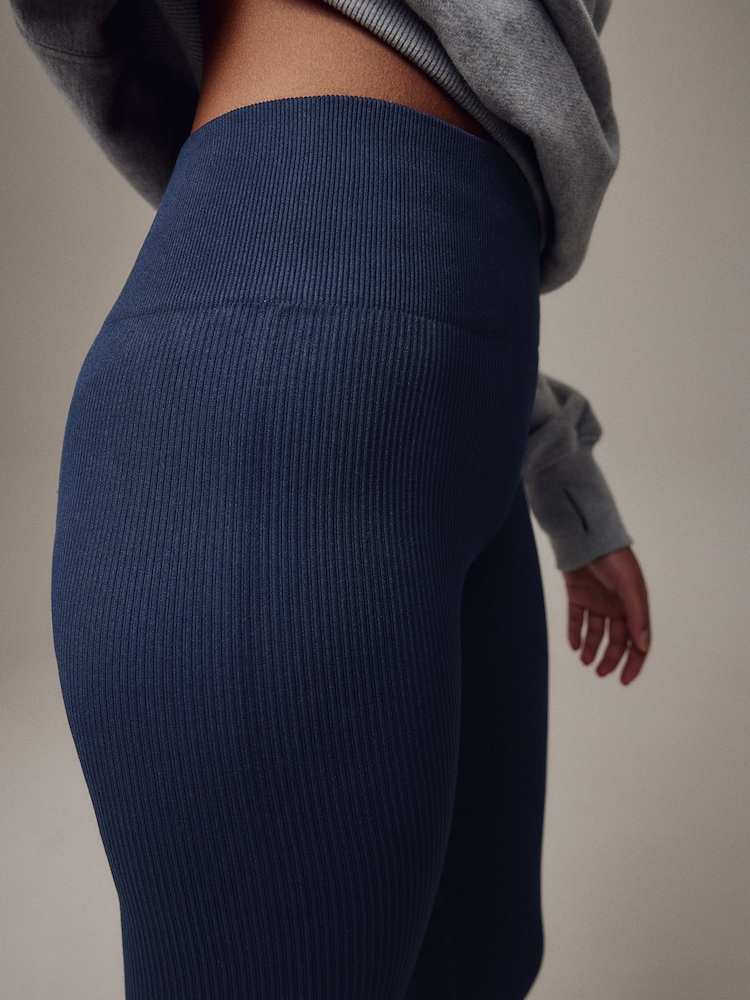 Navy Blue Ribbed Seamless High Waist Leggings - Image 4 of 4