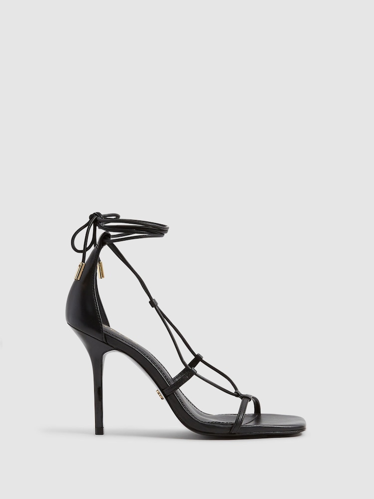 Reiss Black Kali High Leather Strappy Wrap Sandals - Image 1 of 10