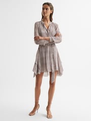 Reiss Pink Lily Metallic Thread Long Sleeve Flippy Dress - Image 1 of 7