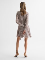 Reiss Pink Lily Metallic Thread Long Sleeve Flippy Dress - Image 5 of 7