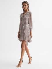 Reiss Pink Lily Metallic Thread Long Sleeve Flippy Dress - Image 6 of 7
