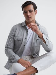 Reiss Grey Melange Chase Brushed Twin Pocket Overshirt - Image 1 of 7