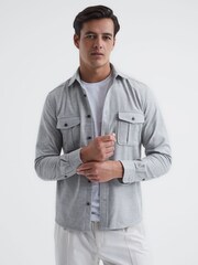 Reiss Grey Melange Chase Brushed Twin Pocket Overshirt - Image 4 of 7