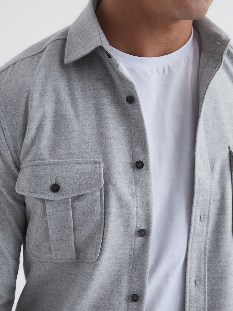 Reiss Grey Melange Chase Brushed Twin Pocket Overshirt - Image 7 of 7