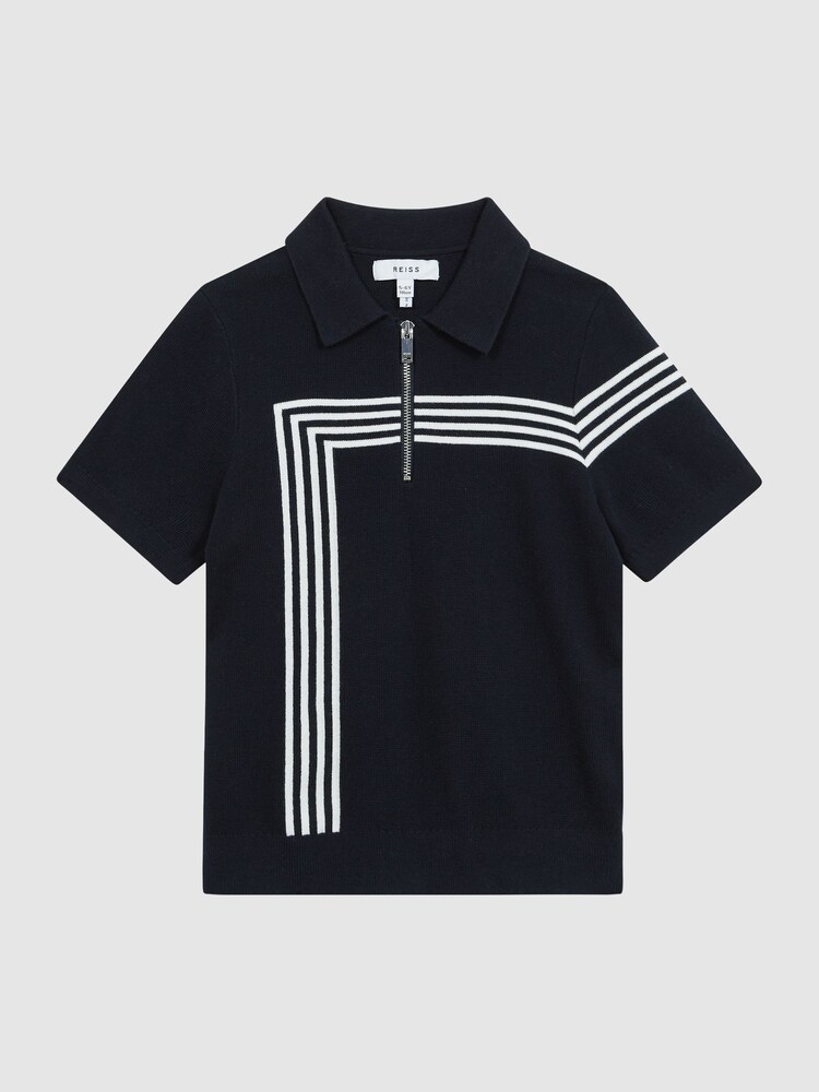 Reiss Navy Sergant Senior Half Zip Stripe Detail Polo T-Shirt - Image 2 of 7
