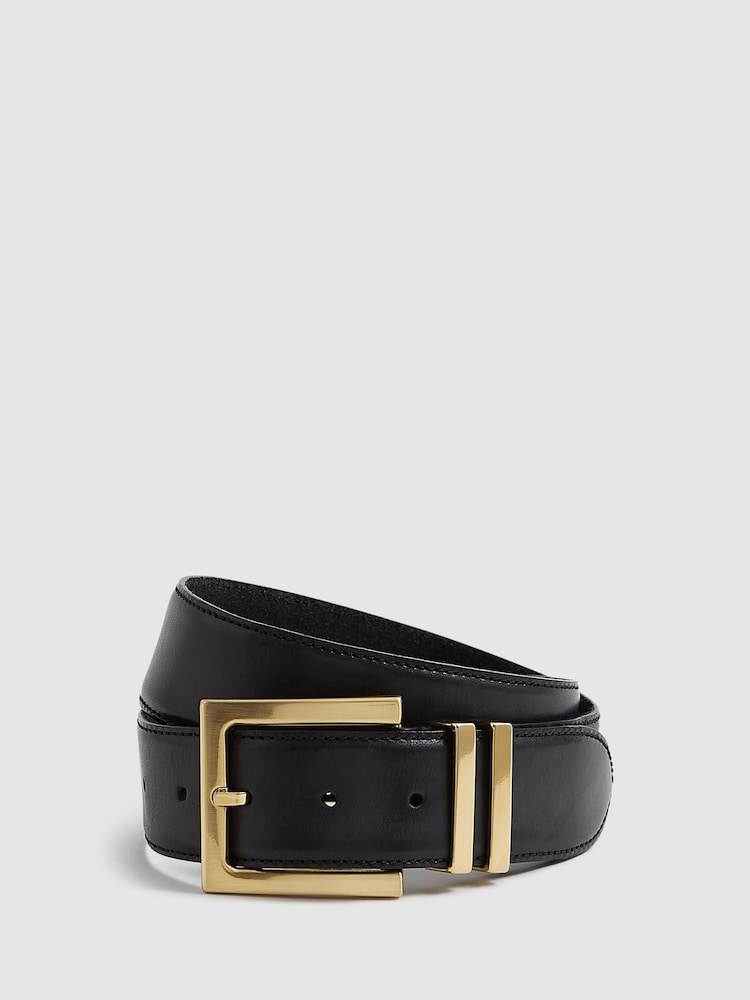 Reiss Black Brompton Leather Square Buckle Belt - Image 1 of 5