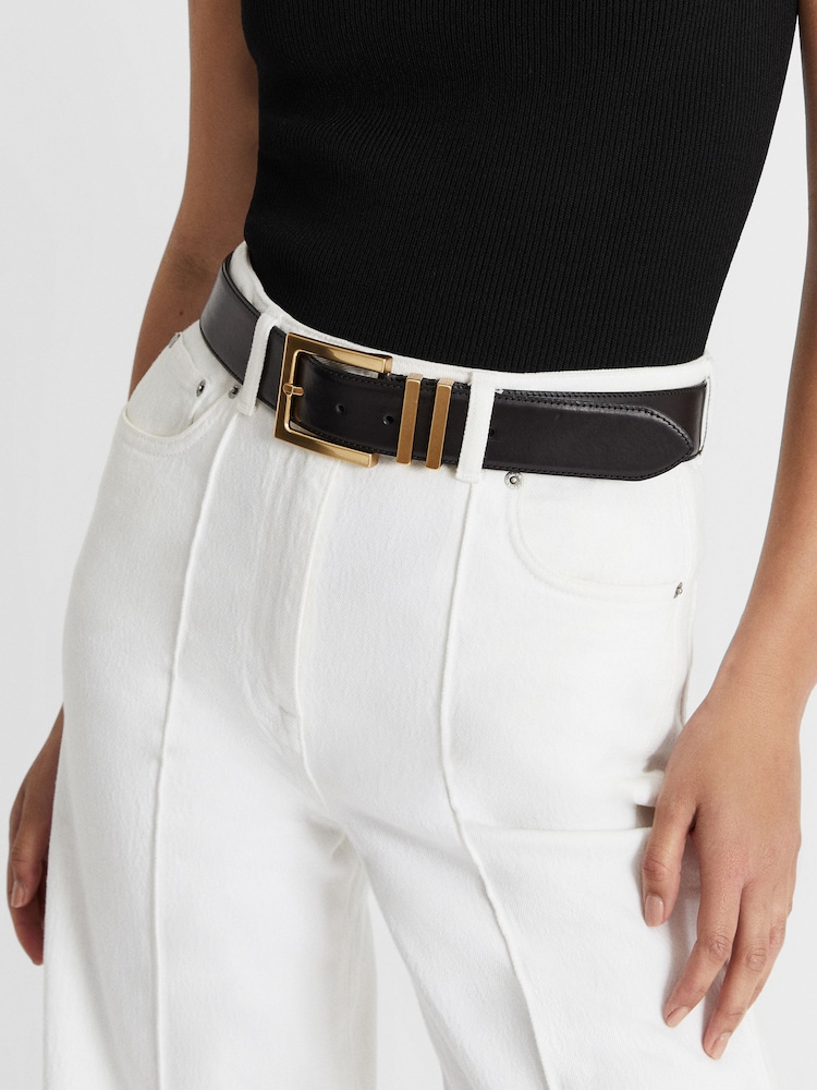 Reiss Black Brompton Leather Square Buckle Belt - Image 2 of 5