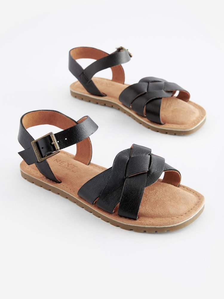 Black Wide Fit (G) Woven Leather Sandals - Image 1 of 4 Black Wide Fit (G) Woven Leather Sandals - Image 1 of 4