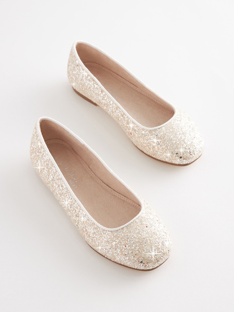 Ivory Glitter Square Toe Occasion Ballet Shoes - Image 1 of 4 Ivory Glitter Square Toe Occasion Ballet Shoes - Image 1 of 4