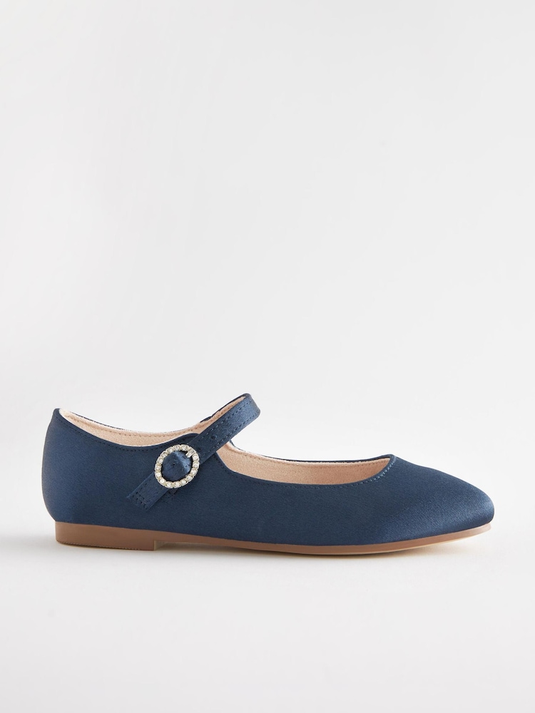 Navy Blue Satin (Stain Resistant) Standard Fit (F) Square Toe Mary Jane Occasion Shoes - Image 2 of 3