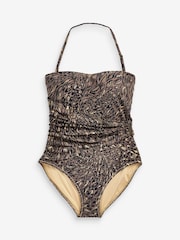 Seaspray Ava Bandeau-Badeanzug mit Wickeldesign und Animalprint, Braun - Bild 1 von 2