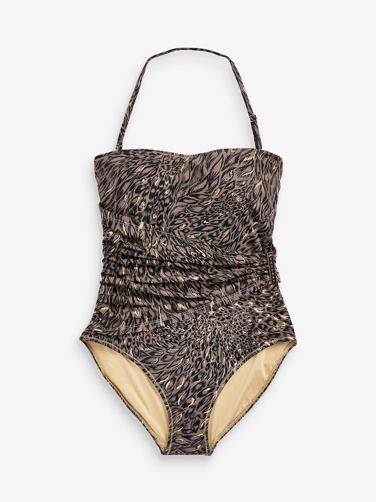 Seaspray Ava Bandeau-Badeanzug mit Wickeldesign und Animalprint, Braun - Bild 1 von 2 Seaspray Ava Bandeau-Badeanzug mit Wickeldesign und Animalprint, Braun - Bild 1 von 2