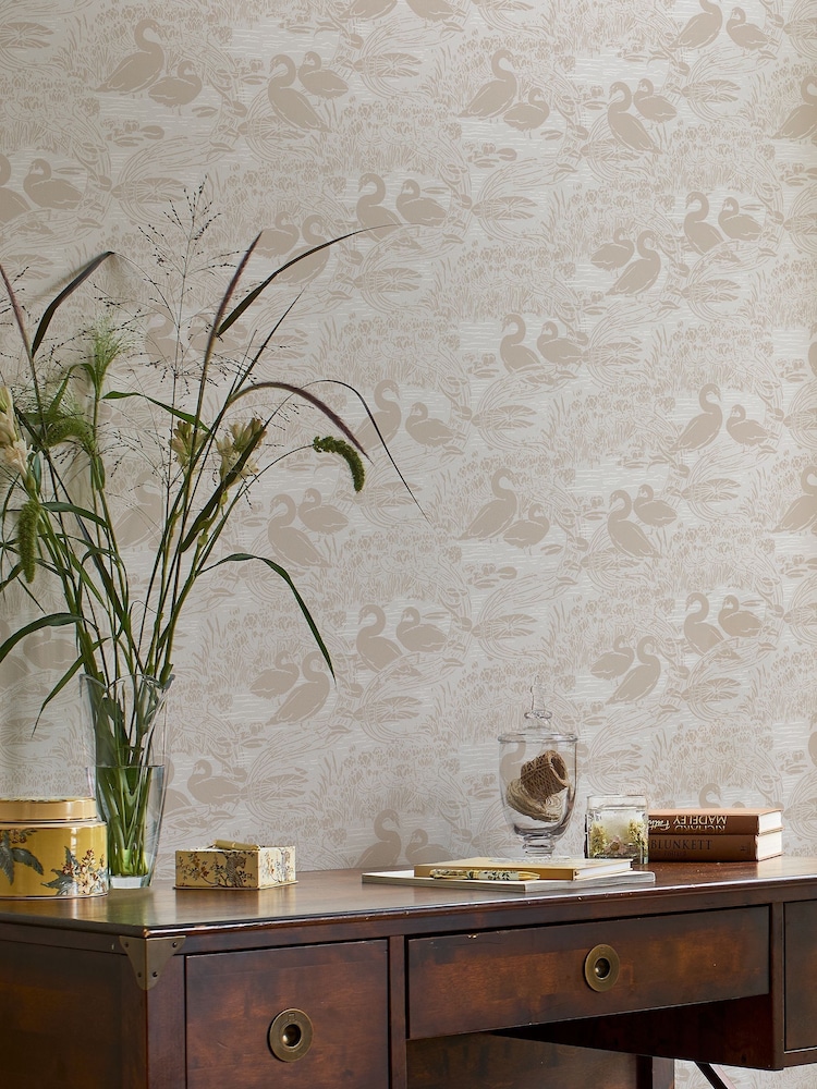 Laura Ashley Dove Grey Swans A4 Wallpaper Sample - Image 1 of 2