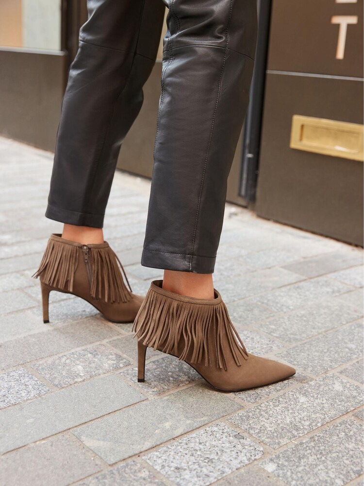 Taupe Signature Leather Forever Comfort Western Cowboy Fringe Boots - Image 1 of 9