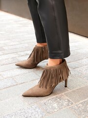 Taupe Signature Leather Forever Comfort Western Cowboy Fringe Boots - Image 3 of 9