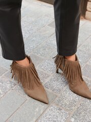 Taupe Signature Leather Forever Comfort Western Cowboy Fringe Boots - Image 4 of 9