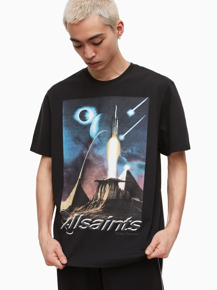 AllSaints Black Andromeda Short Sleeves 100% Cotton Crew T-Shirt - Image 1 of 5 AllSaints Black Andromeda Short Sleeves 100% Cotton Crew T-Shirt - Image 1 of 5