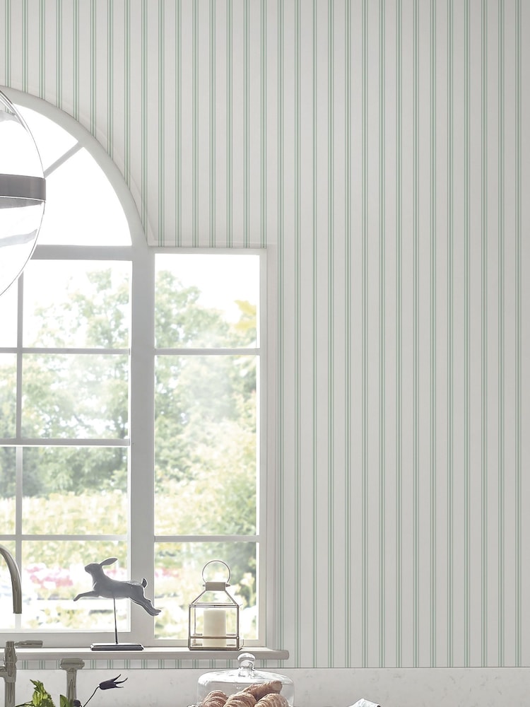 Laura Ashley Sage Farnworth Stripe 10M Wallpaper - Image 1 of 4