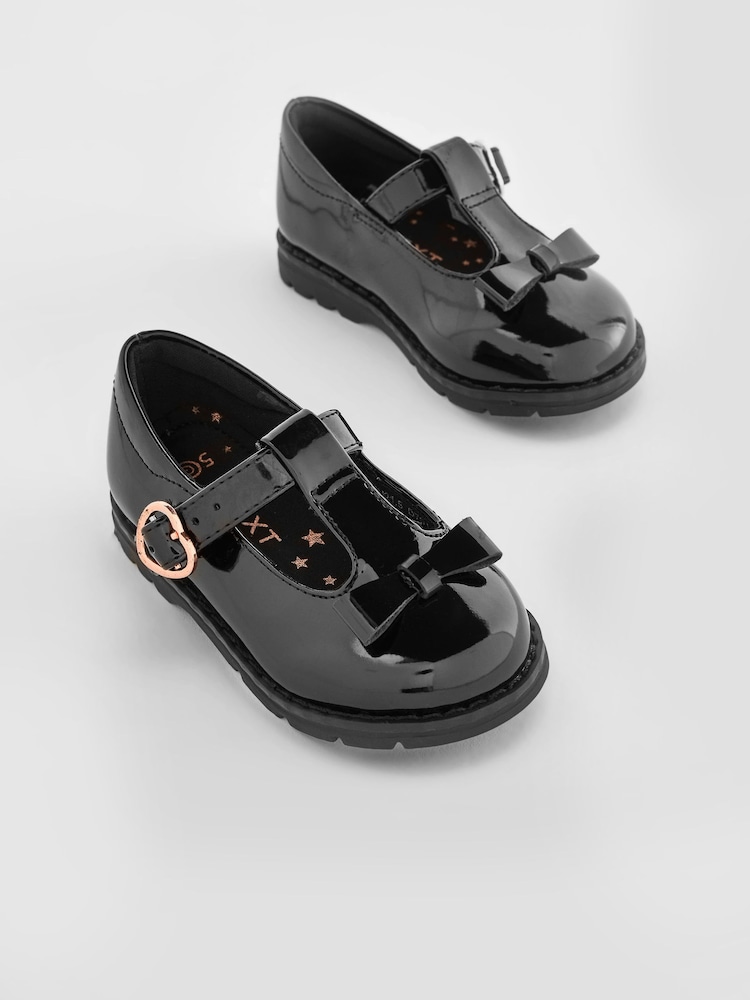 Black Patent Wide Fit (G) School Junior Bow T-Bar Shoes - Image 1 of 7
