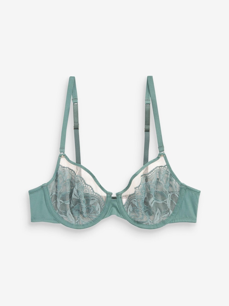 Green Non Pad Floral Lace & Mesh Balcony Bra - Image 5 of 5