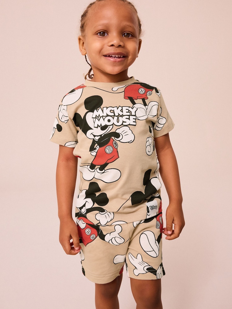 Neutral Tan Mickey Mouse All-Over Printed T-Shirt and Shorts License Set (3mths-8yrs) - Image 1 of 6
