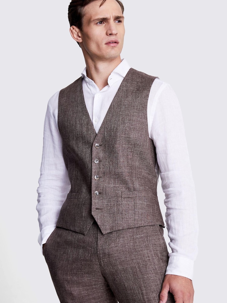 MOSS Brown Tailored Fit Linen Suit Waistcoat - Image 1 of 6