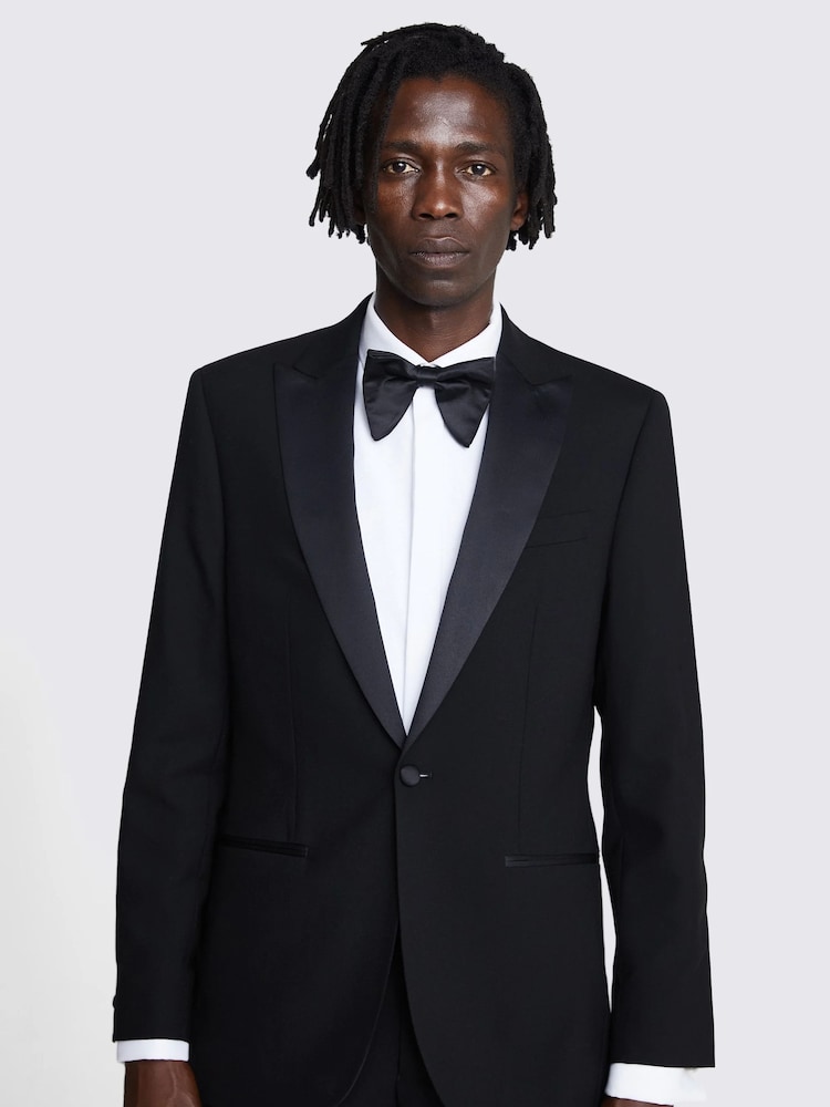 MOSS Black Tailored Fit Tuxedo Suit: Jacket - Image 1 of 6