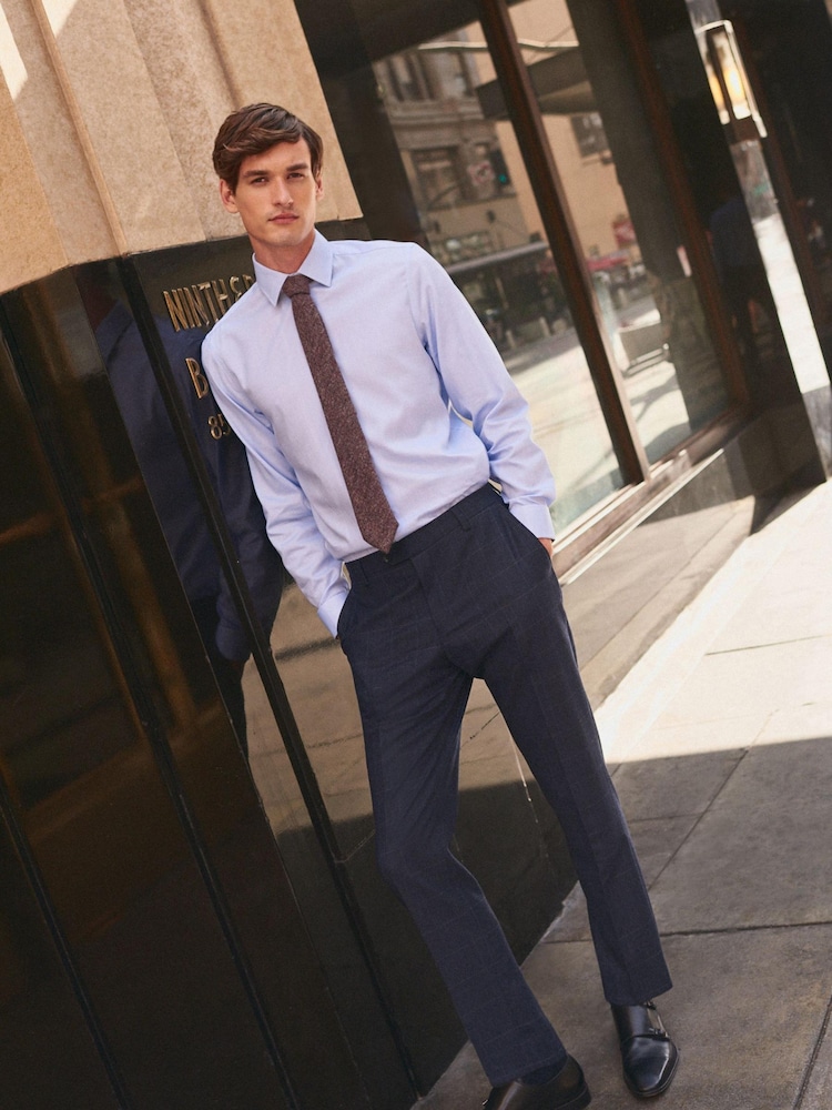Blue Slim Fit Double Cuff Signature Textured Shirt With Trim Detail - Image 2 of 8
