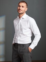 White Slim Fit Signature Premium 100% Cotton Textured Long Sleeve Single Cuff Shirt - Image 1 of 9