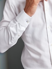 White Slim Fit Signature Premium 100% Cotton Textured Long Sleeve Single Cuff Shirt - Image 5 of 9