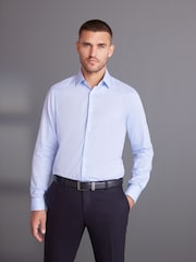 Blue Regular Fit 100% Cotton Signature Textured Double Cuff Smart Shirt With Trim Detail - Image 1 of 8