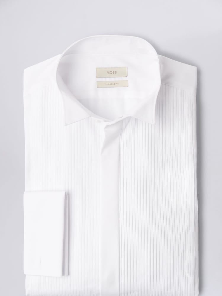 MOSS White Tailored Fit Wing Collar Pleated 100% Cotton Dress Shirt - Image 4 of 5