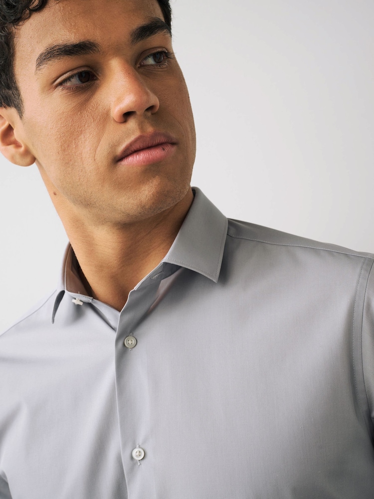 Light Grey Slim Fit Easy Care Single Cuff Shirt - Image 4 of 8