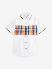 White & Tan Brown Check Short Sleeve Colourblock Shirt (3-16yrs) - Image 1 of 3