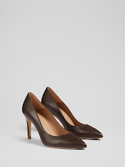 LK Bennett Chocolate Brown Floret Leather Pointed Court Shoes - Image 2 of 4