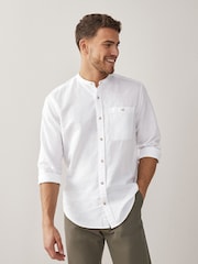 White Grandad Collar Linen Blend Long Sleeve Shirt - Image 1 of 6
