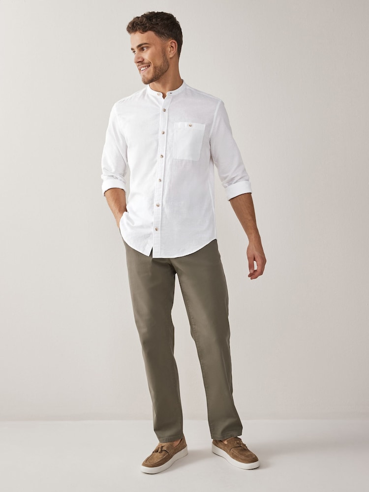 White Grandad Collar Linen Blend Long Sleeve Shirt - Image 2 of 6