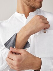 White Grandad Collar Linen Blend Long Sleeve Shirt - Image 5 of 6