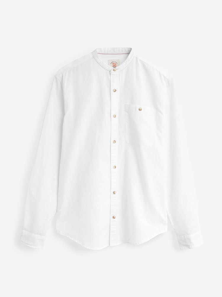 White Grandad Collar Linen Blend Long Sleeve Shirt - Image 6 of 6